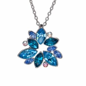 Rhodium Plated Aqua and Blue Topaz Floral Pendant with Swarovski Crystals